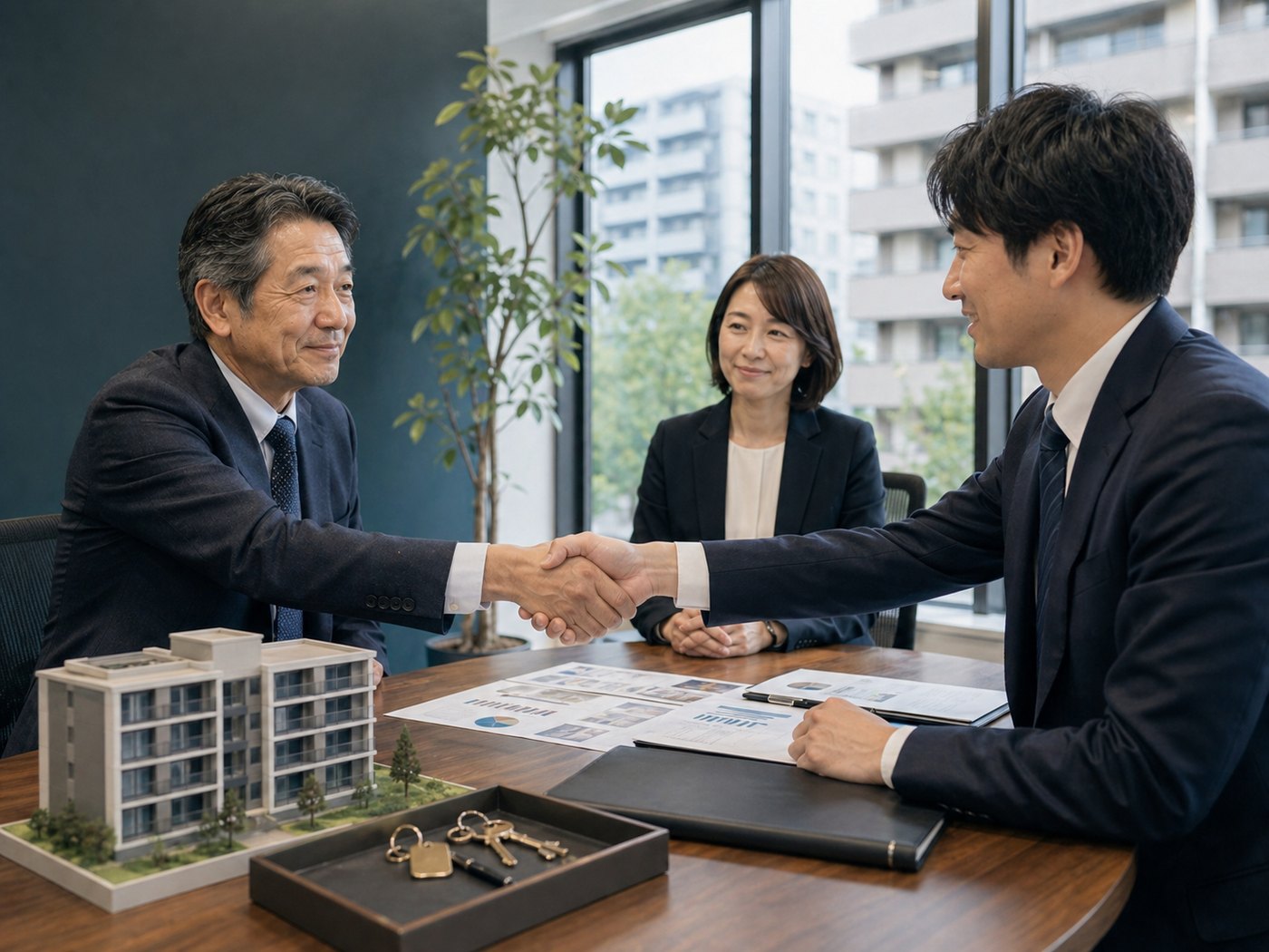賃貸管理会社の譲渡と承継に向けて握手する経営者と買い手候補