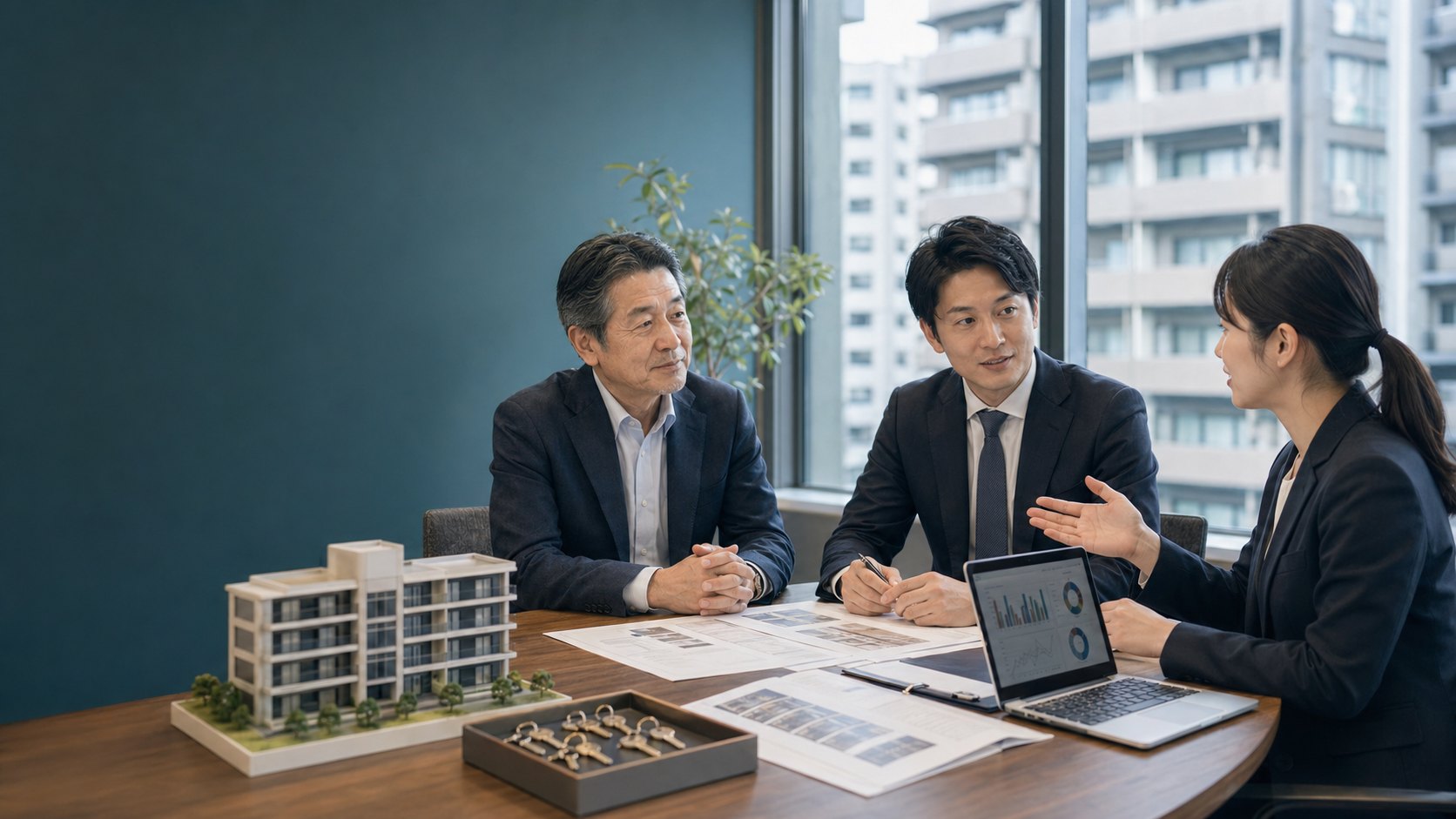 不動産賃貸管理会社の事業承継について相談する経営者とアドバイザー