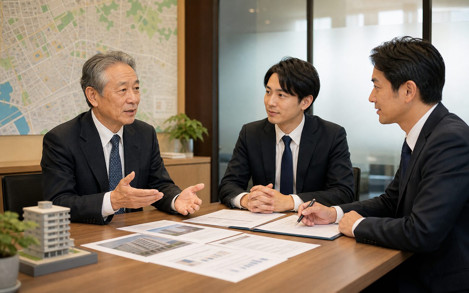 管理会社の承継について話し合う経営者とアドバイザー
