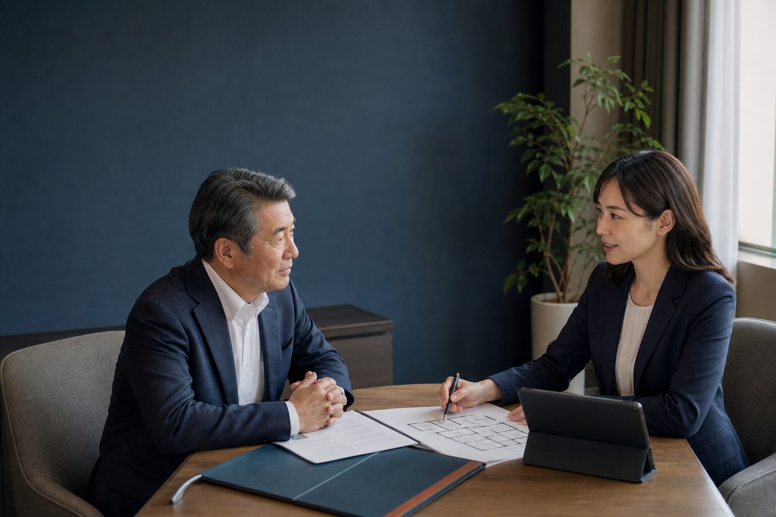 秘密保持を前提に不動産管理会社の事業承継を相談する経営者とアドバイザー