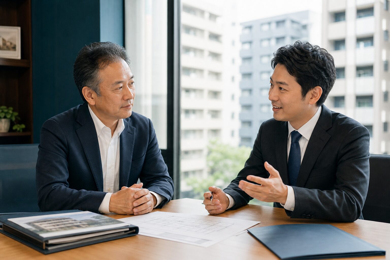 不動産管理会社の事業承継について話し合う経営者とM&Aアドバイザー