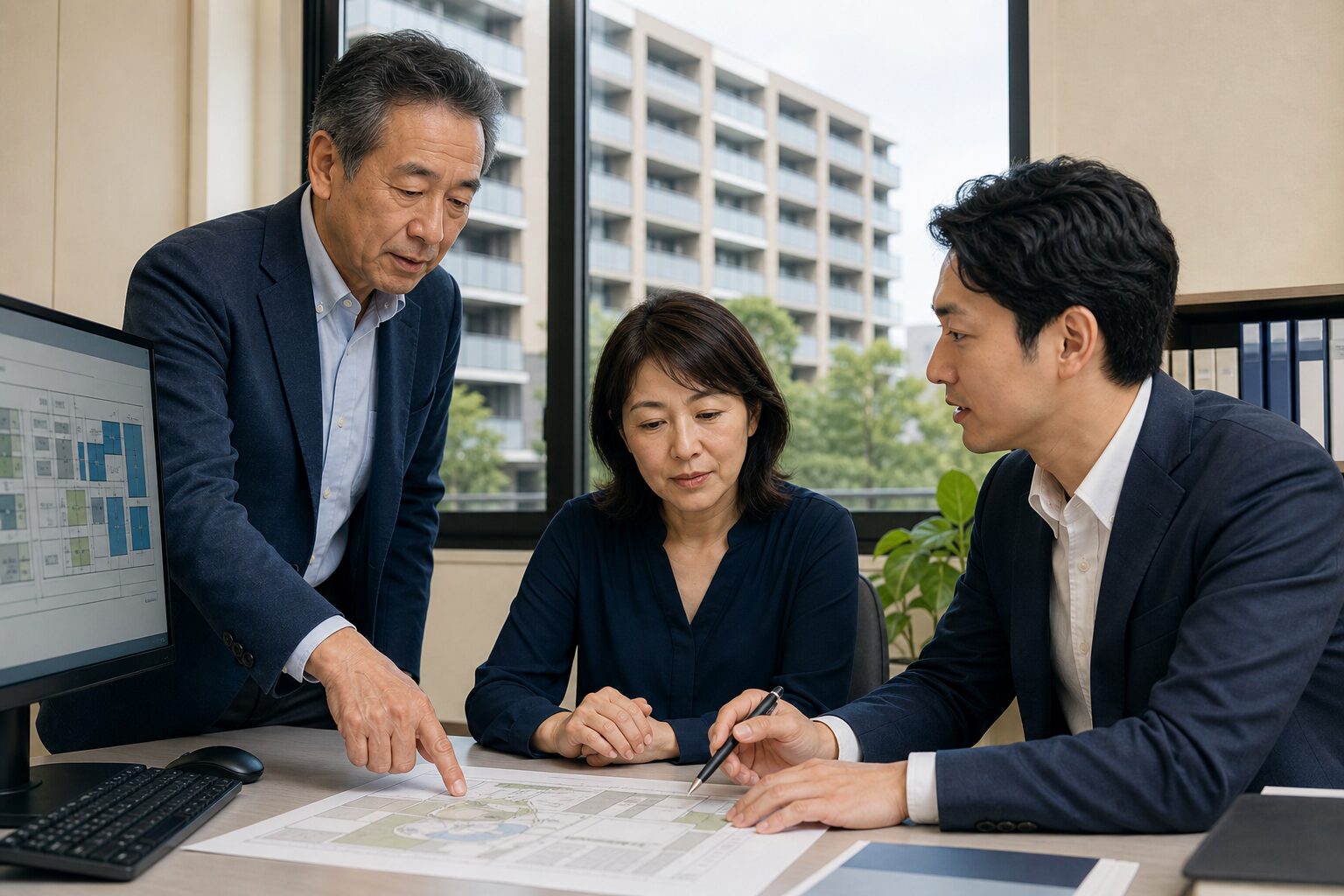 マンション管理の運営計画を確認する経営者・現場責任者・承継担当者