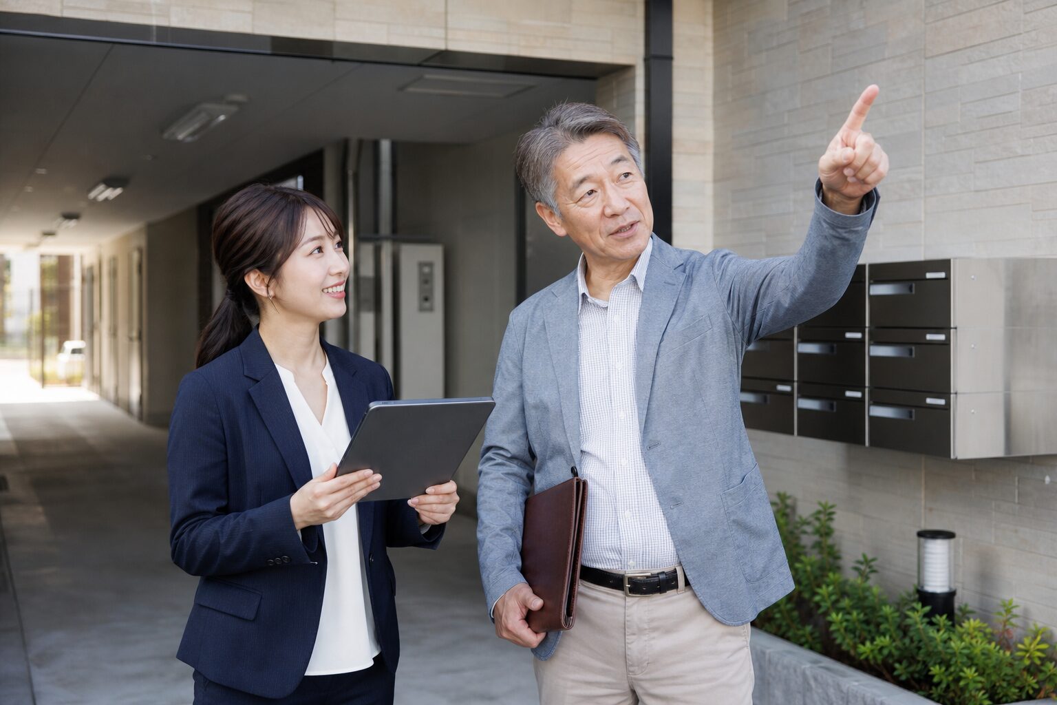 賃貸マンションの管理現場を確認する管理会社オーナーと担当者