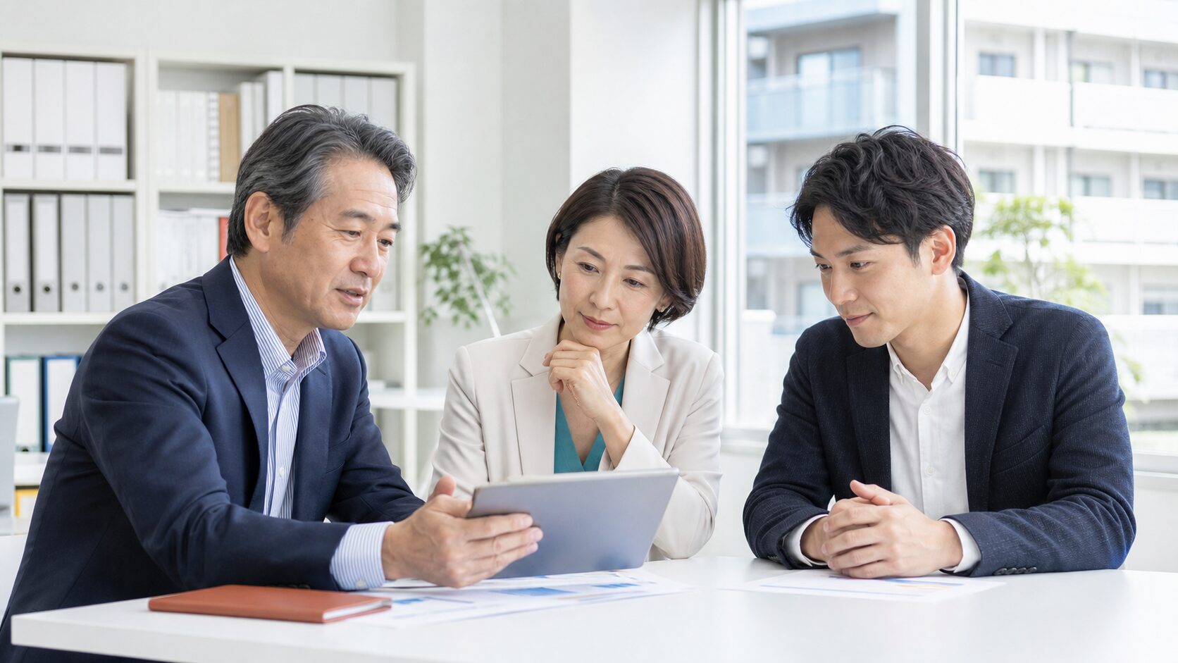 不動産管理会社 企業価値 M&Aの算定資料を確認する経営者と専門家