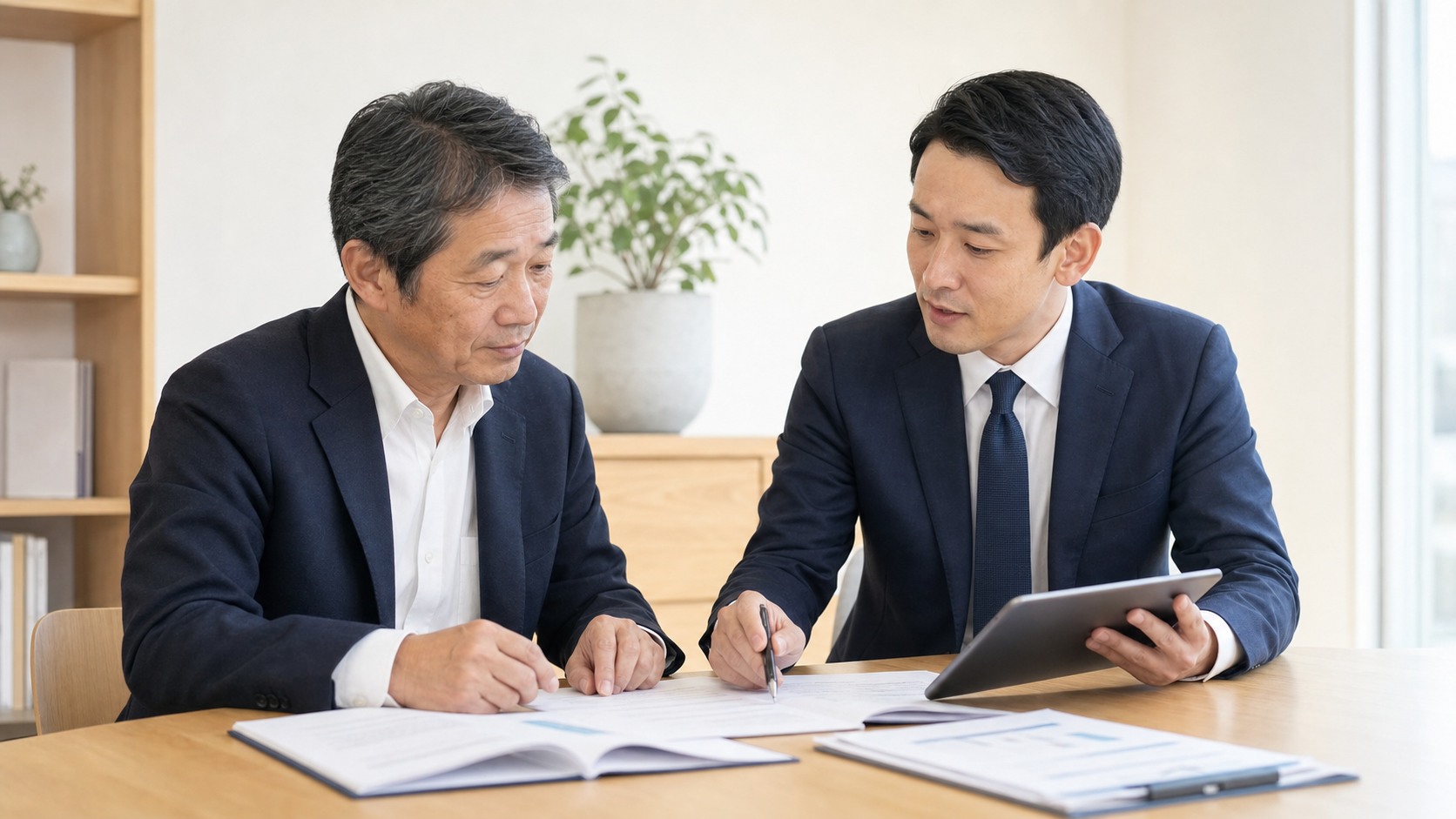 管理会社の企業価値診断で契約資料と収益資料を確認する経営者とM&A担当者
